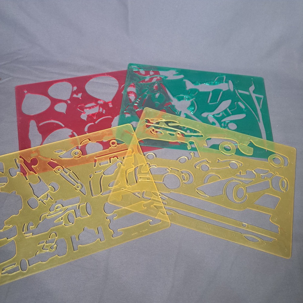 VTG Plastic Drawing Stencils Set 4 Cars Planes Hot Air Balloons Art Craft Retro